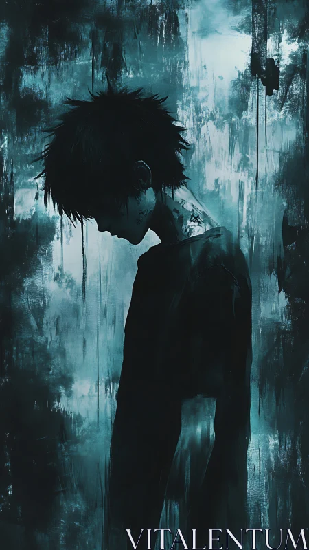 Desaturated silhouette study of bowed figure in cyan haze.