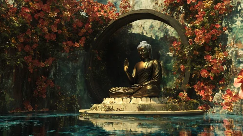 Golden Buddha statue in floral courtyard rendered with warm 3D lighting