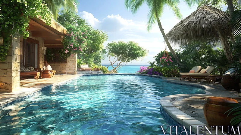 Luxury tropical poolside villa opens onto a calm turquoise sea