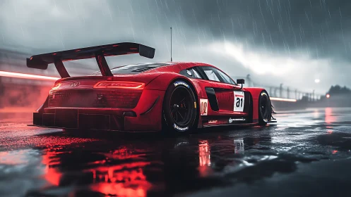 Red Audi GT race car on wet track under heavy rain
