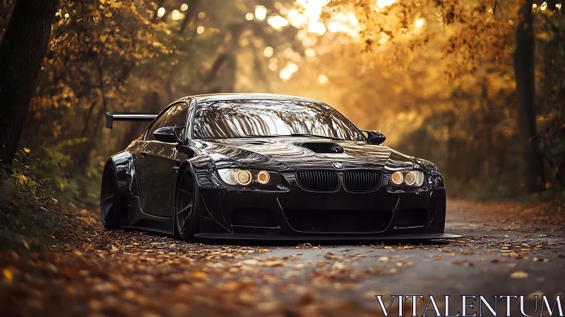 Photorealistic widebody sports coupe in autumn forest light.