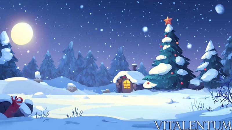 Snow-covered pine forest with moonlit cabin and decorated tree
