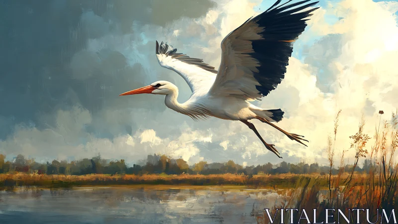 Large white stork captured mid-flight over marshland with painterly brushwork