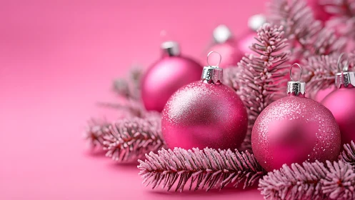 Pink Christmas baubles rest on frosted fir branches