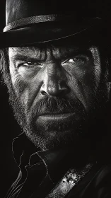 Weathered cowboy portrait in stark monochrome intensity.