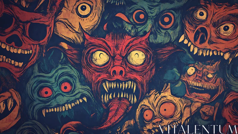 Grotesque demon faces packed in chaotic horror collage.