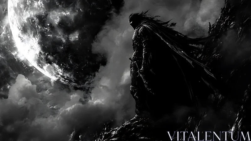 Shadow knight overlooks storm moon in stark monochrome.