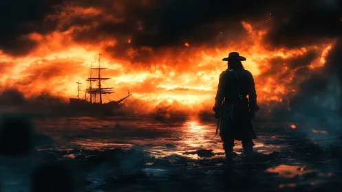 Lone pirate watches burning horizon as ghostly ship sails.