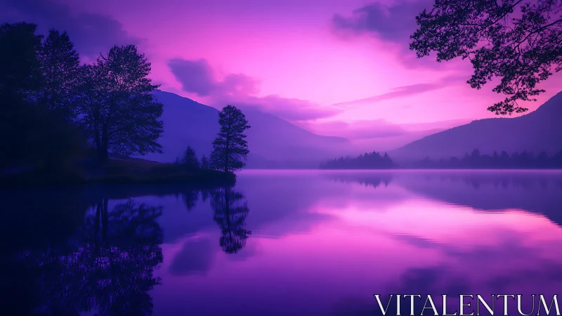 Purple twilight lake with still water and distant hills.