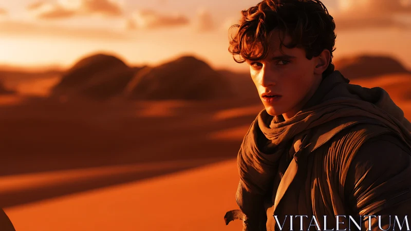 Sunlit wanderer pauses in the quiet glow of desert dunes