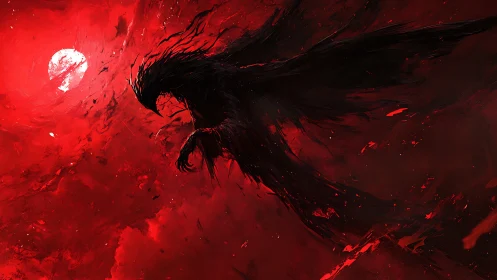 Blood-red sky with shadow raven silhouette in flight.