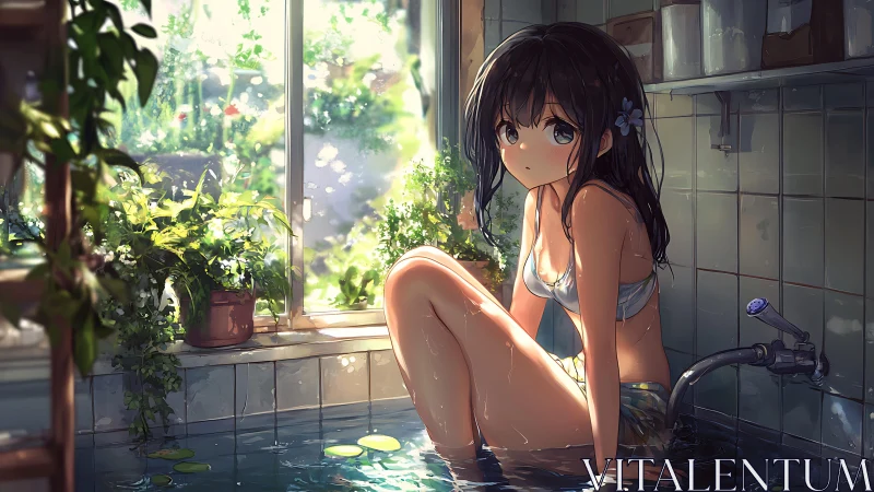 Sunlit garden bath with a quiet, daydreaming girl.