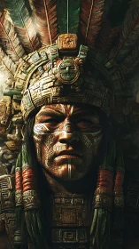 Warrior in stone-like armor and feathered headdress faces viewer