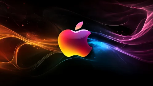 Iridescent apple silhouette floats inside neon cosmic waves