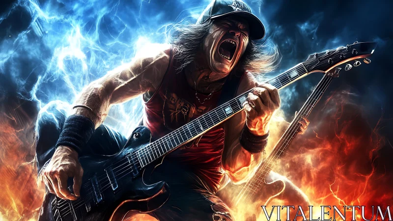 Explosive rock guitarist shredding amid fire and lightning.