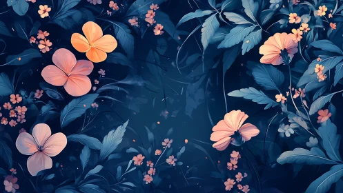 Floral nocturne. Luminous petals blooming against deep blue darkness.
