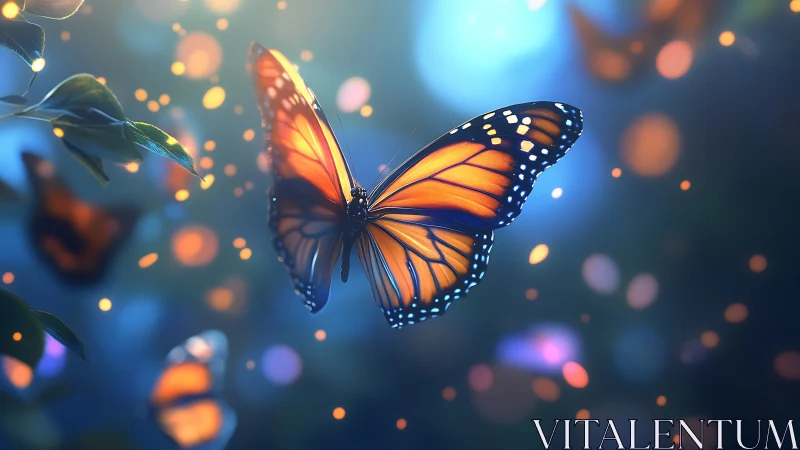 Midnight monarch drifts through lantern-bright forest air