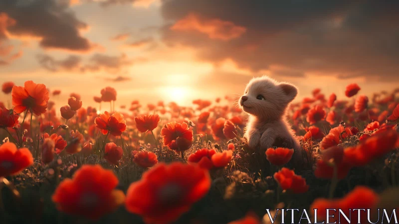 Fluffy puppy gazes at glowing sunset over poppy field.