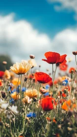 Wildflower Field Under Blue Sky With Selective Focus.