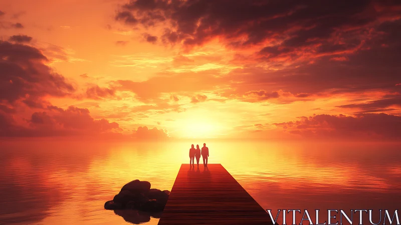 Sunset stroll with friends on a glowing lakeside pier.