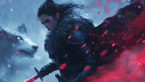 Warrior huntress strides through snow with spectral wolf guardian.