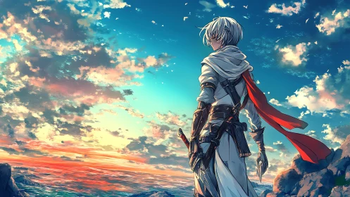White-haired anime warrior overlooks vivid coastal sunset