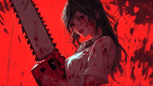 Female figure with chainsaw stands against saturated red ground