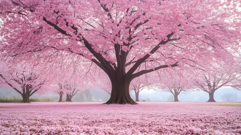 Cherry blossom grove under soft pastel morning haze.