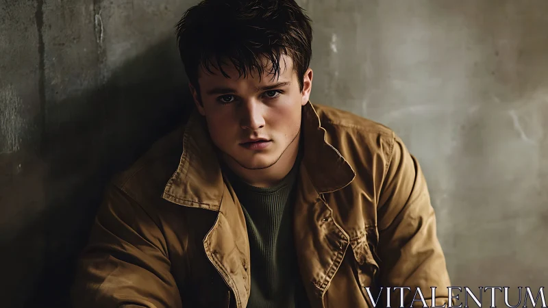 Brooding young man in tan jacket under moody side light.
