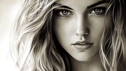 Digital portrait of young woman with detailed hair and gaze.