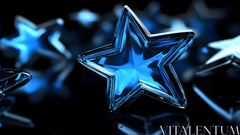 Shiny Blue Glass Star on Reflective Surface, Modern Digital Art.