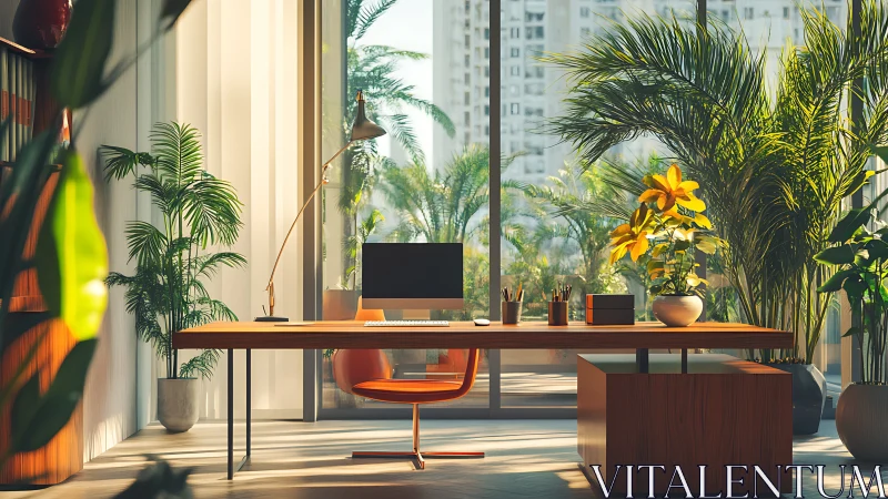 Sunlit home office sanctuary wrapped in lush green calm.