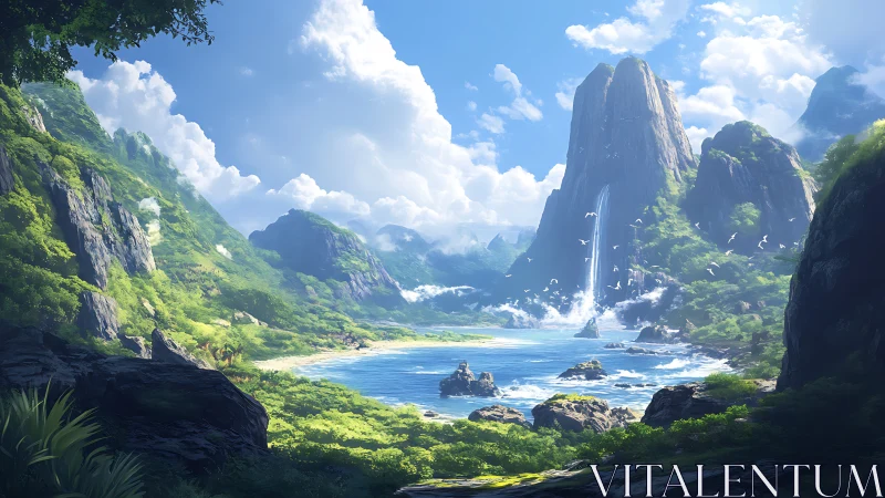 Verdant Coastal Valley with Cascading Waterfall and Turquoise Waters.