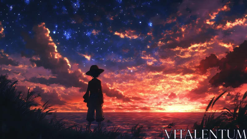 Silhouetted figure observes dense cloud field at coastal horizon