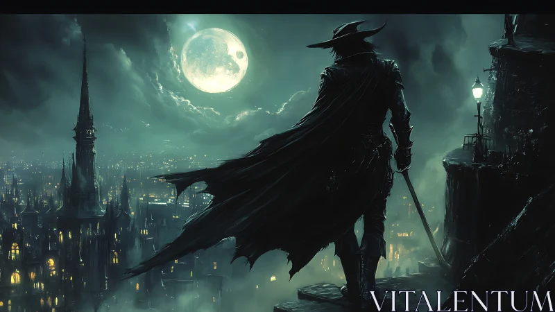 Moonlit hunter overlooking gothic city skyline at night.