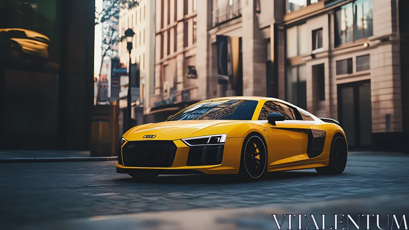 Yellow supercar cuts through moody urban streets at sunrise