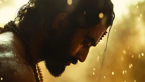 Golden quiet moment with a contemplative, rainlit man.