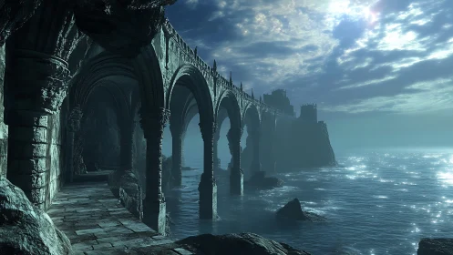 Moonlit ruined coastal arcade with gothic arches and surf