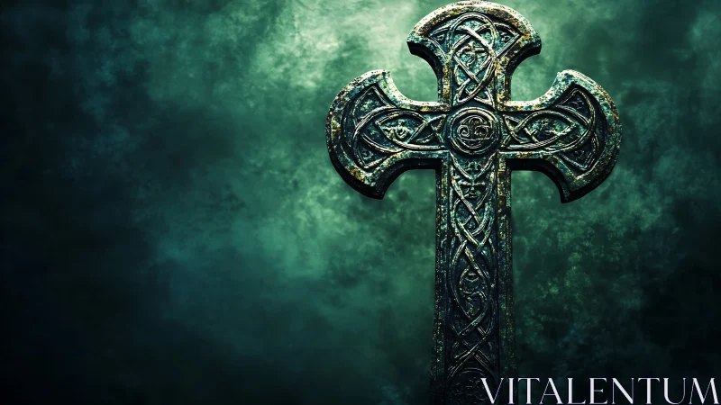 Aged Celtic stone cross with intricate knotwork on teal mist