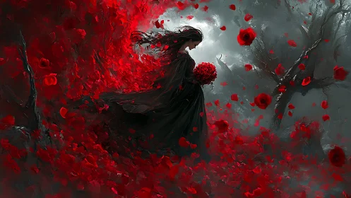 Gothic figure in crimson petal vortex, stormlit wasteland.