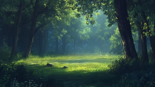 Enchanted Forest Glade Illuminated Through Volumetric Canopy.