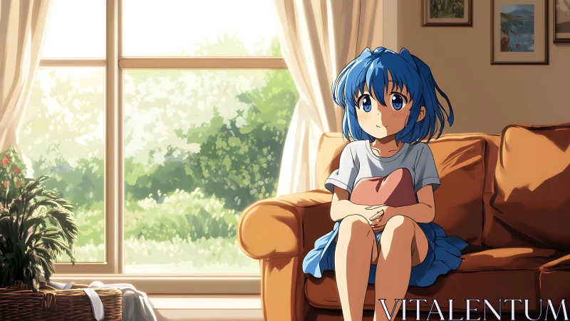 Blue haired anime girl on sofa in bright cozy living room.