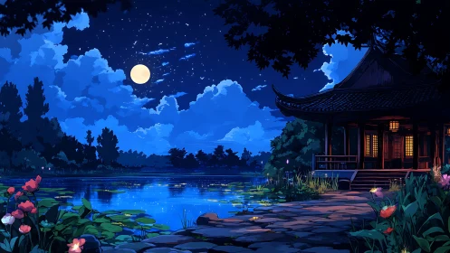 Moonlit lakeside pavilion wrapped in gentle midnight glow.