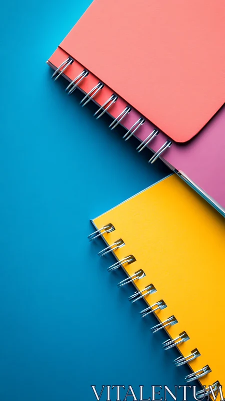 Photorealistic spiral notebooks on cyan minimal backdrop.