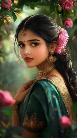 Woman in teal saree with gold jewelry among pink roses.