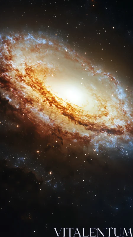 Edge-on spiral galaxy rendered with luminous dust bands