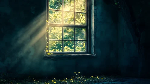 Sunlit overgrown window in dark abandoned interior.