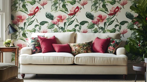 Floral wallpapered living room features neutral sofa and plants