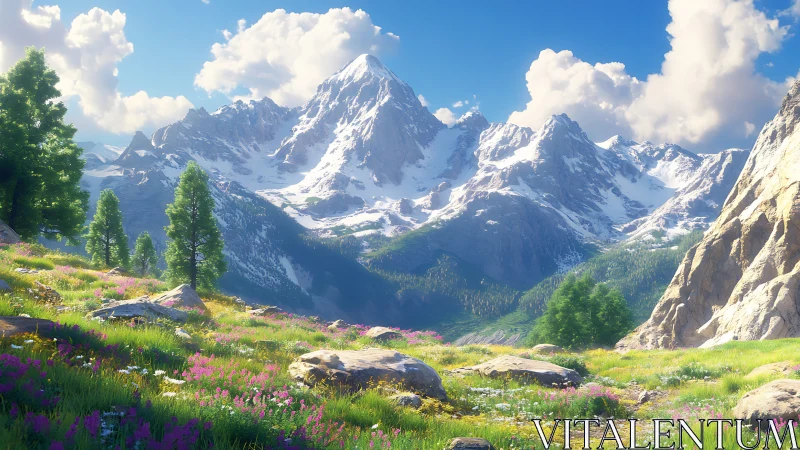 Snowy mountain range above alpine meadow in sunlight.