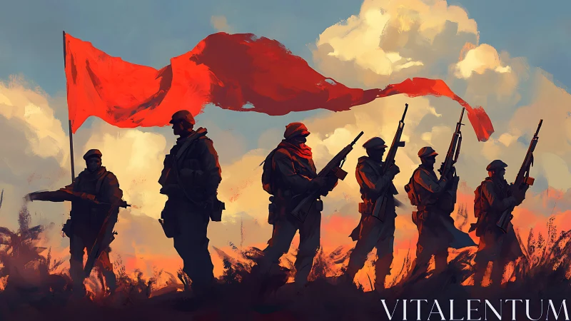 Scarlet standard over marching silhouettes at burning dusk.